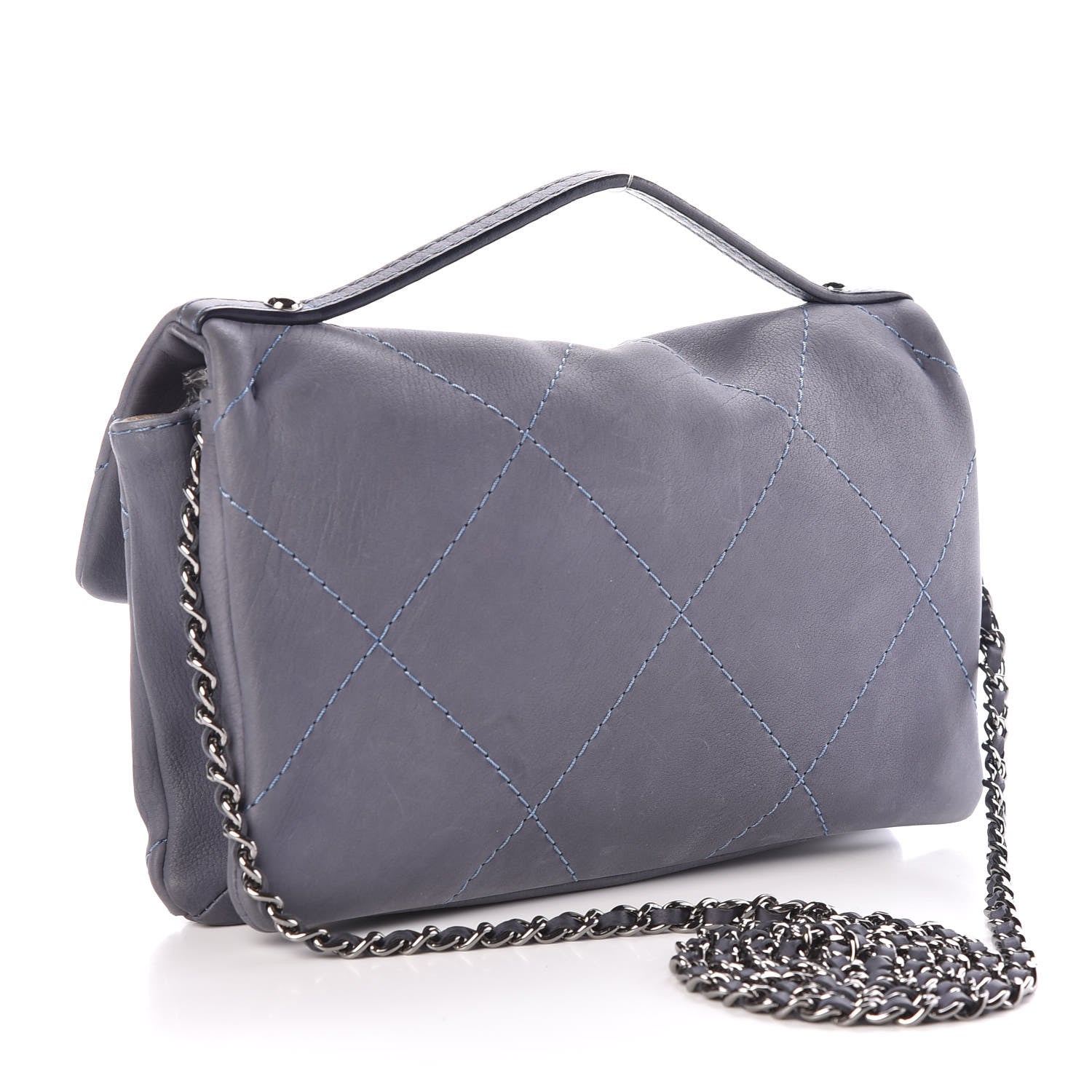 Chanel Washed Calfskin Diamond Stitch Hamptons Clutch With Chain Blue 3 of 10