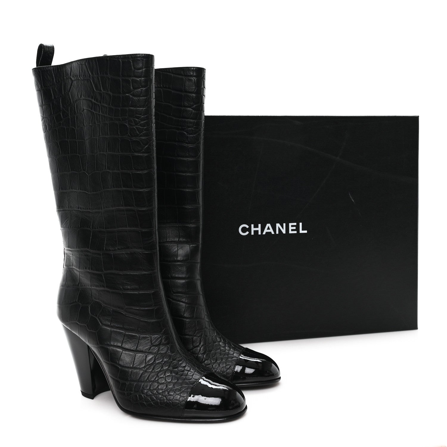 Chanel Calfskin Crocodile Embossed Cap Toe High Boots 38 Black 10 of 10