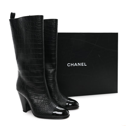 Chanel Calfskin Crocodile Embossed Cap Toe High Boots 38 Black 10 of 10