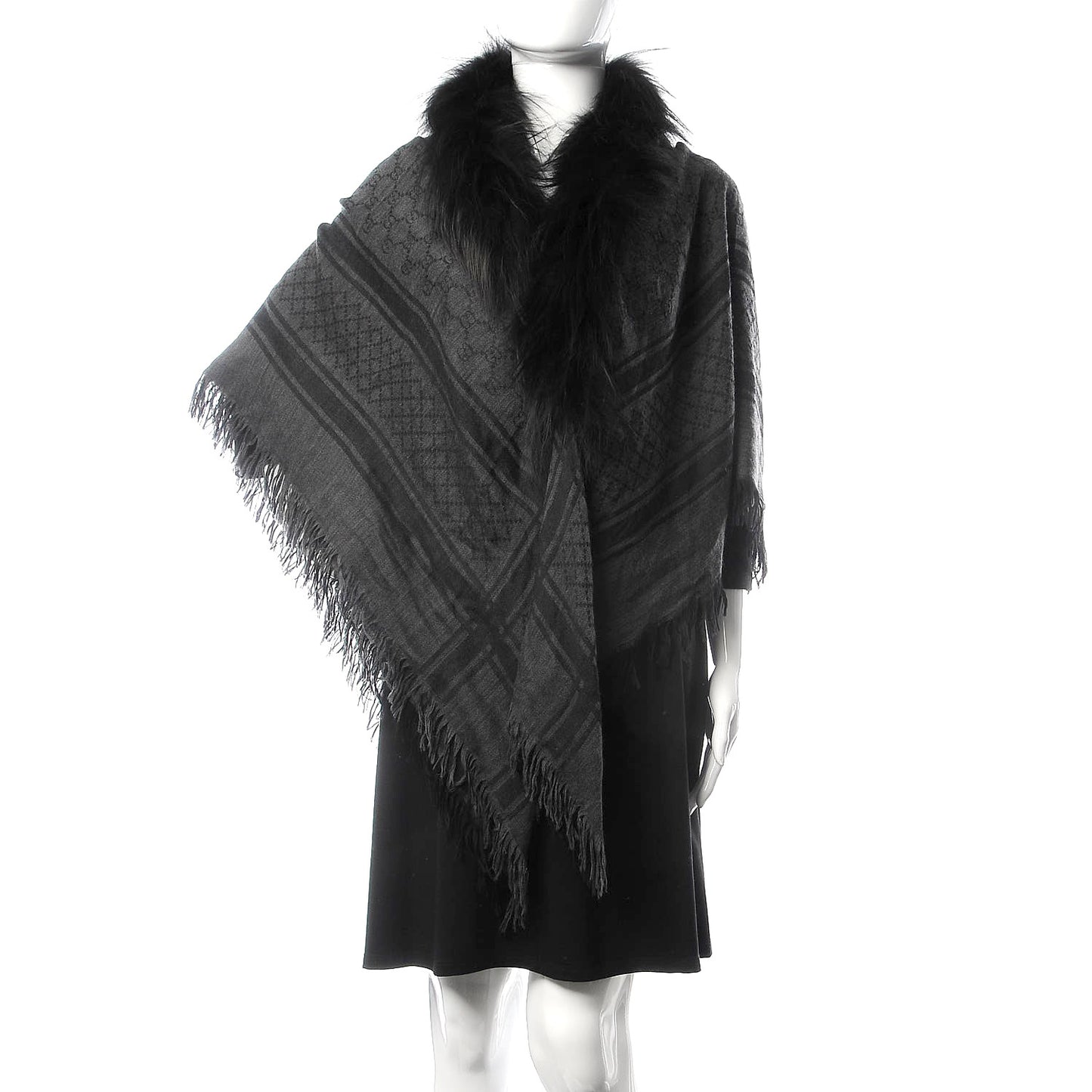 Wool Silk Fox Fur Monogram Shawl Scarf Black