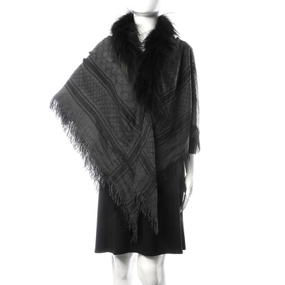Gucci Wool Silk Fox Fur Monogram Shawl Scarf Black 2 of 4