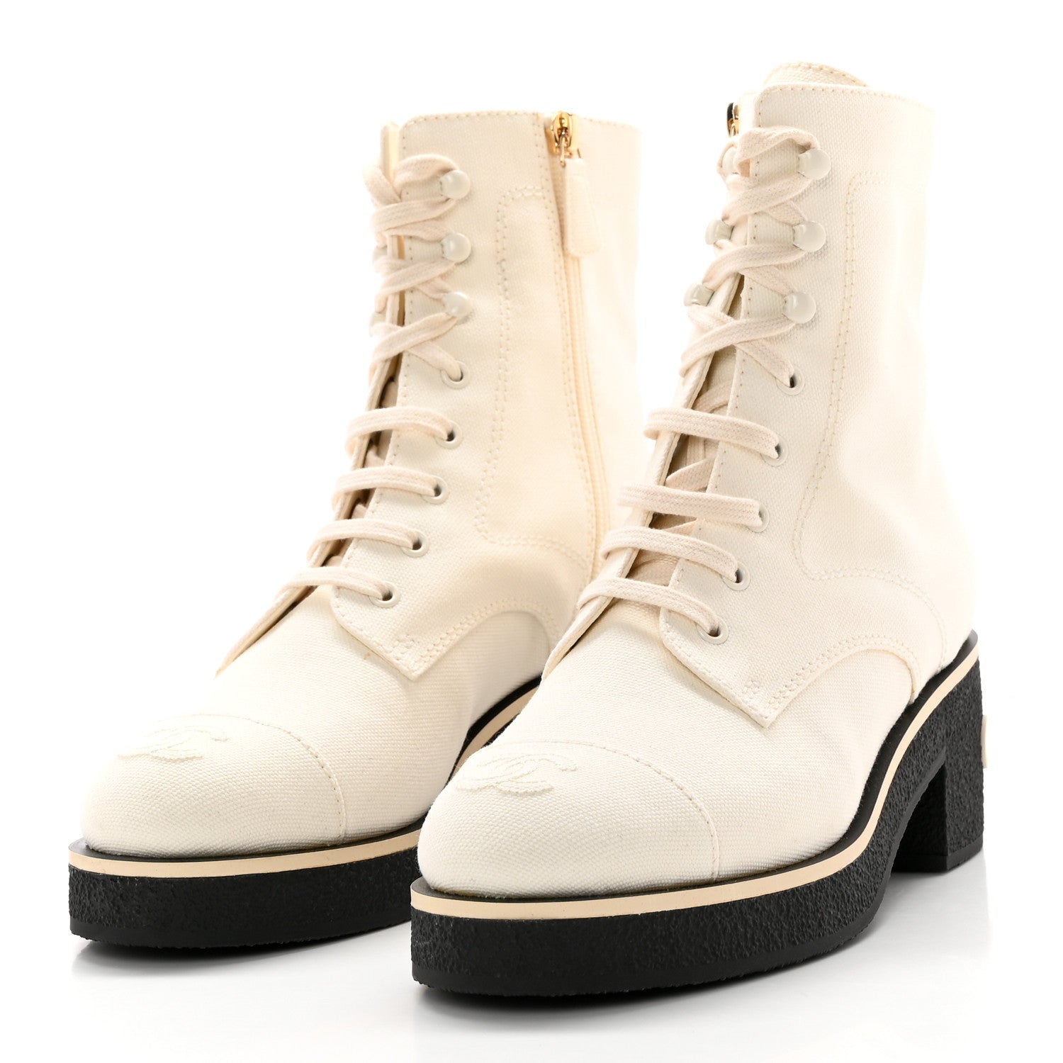 Chanel Fabric CC Lace Up Boots 38 White 3 of 15