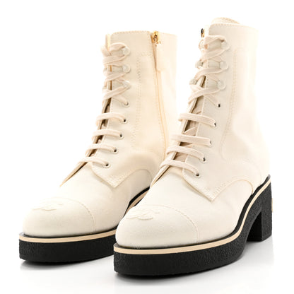 Chanel Fabric CC Lace Up Boots 38 White 3 of 15