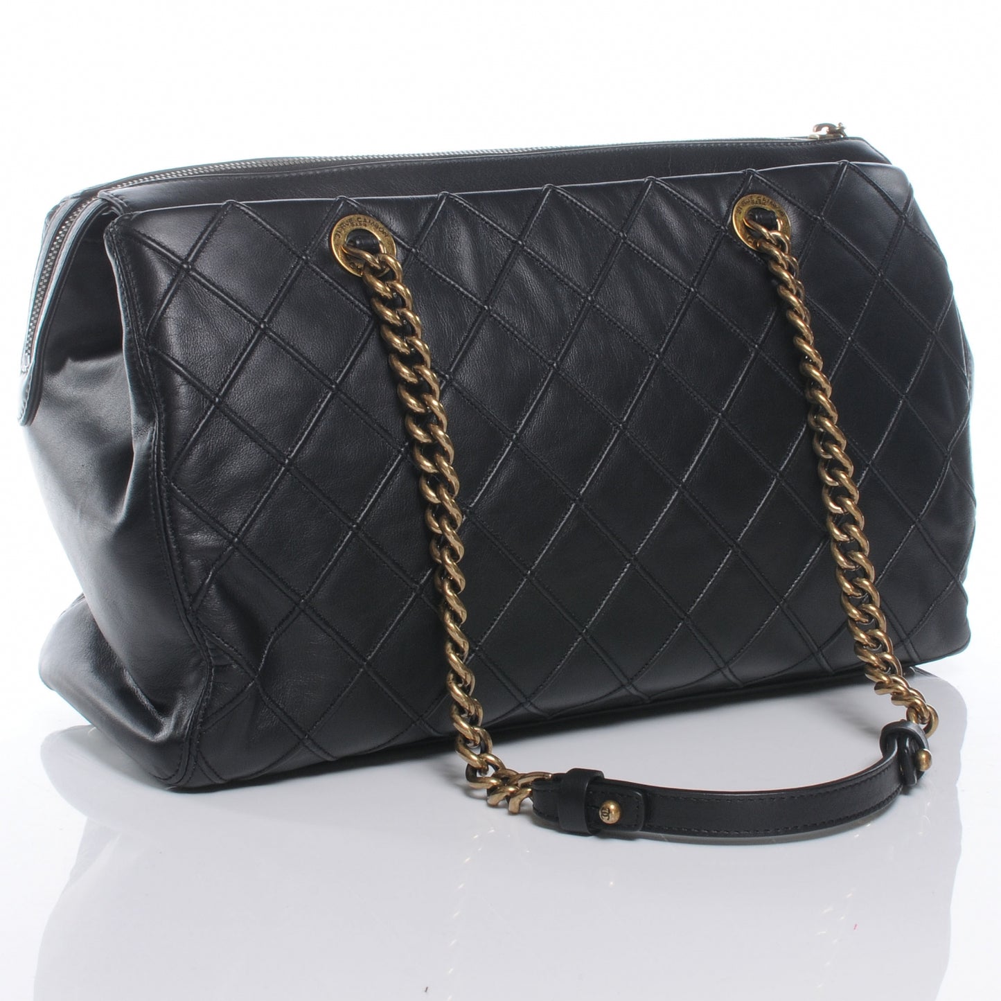 Calfskin Diamond Debossed Large Cosmos Zip Tote Black