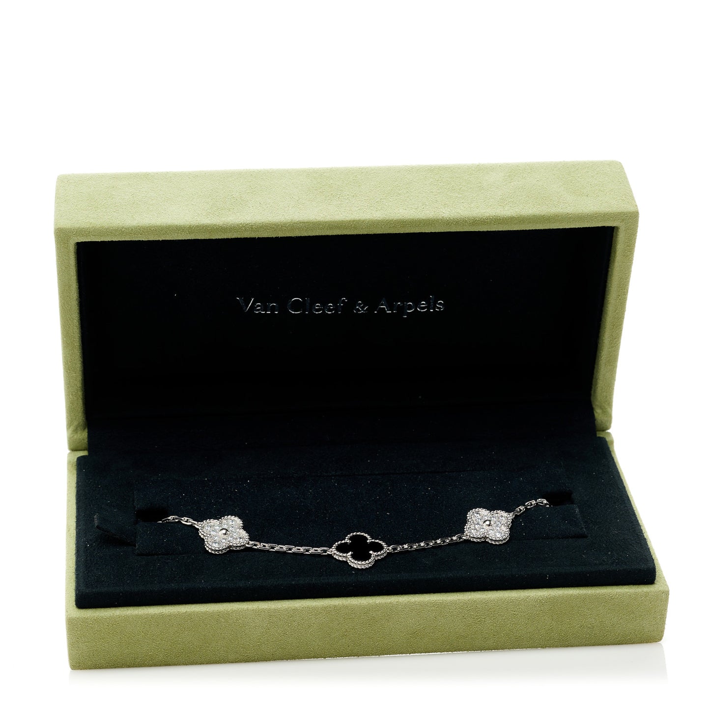 18K White Gold Diamond Black Onyx 5 Motifs Vintage Alhambra Bracelet