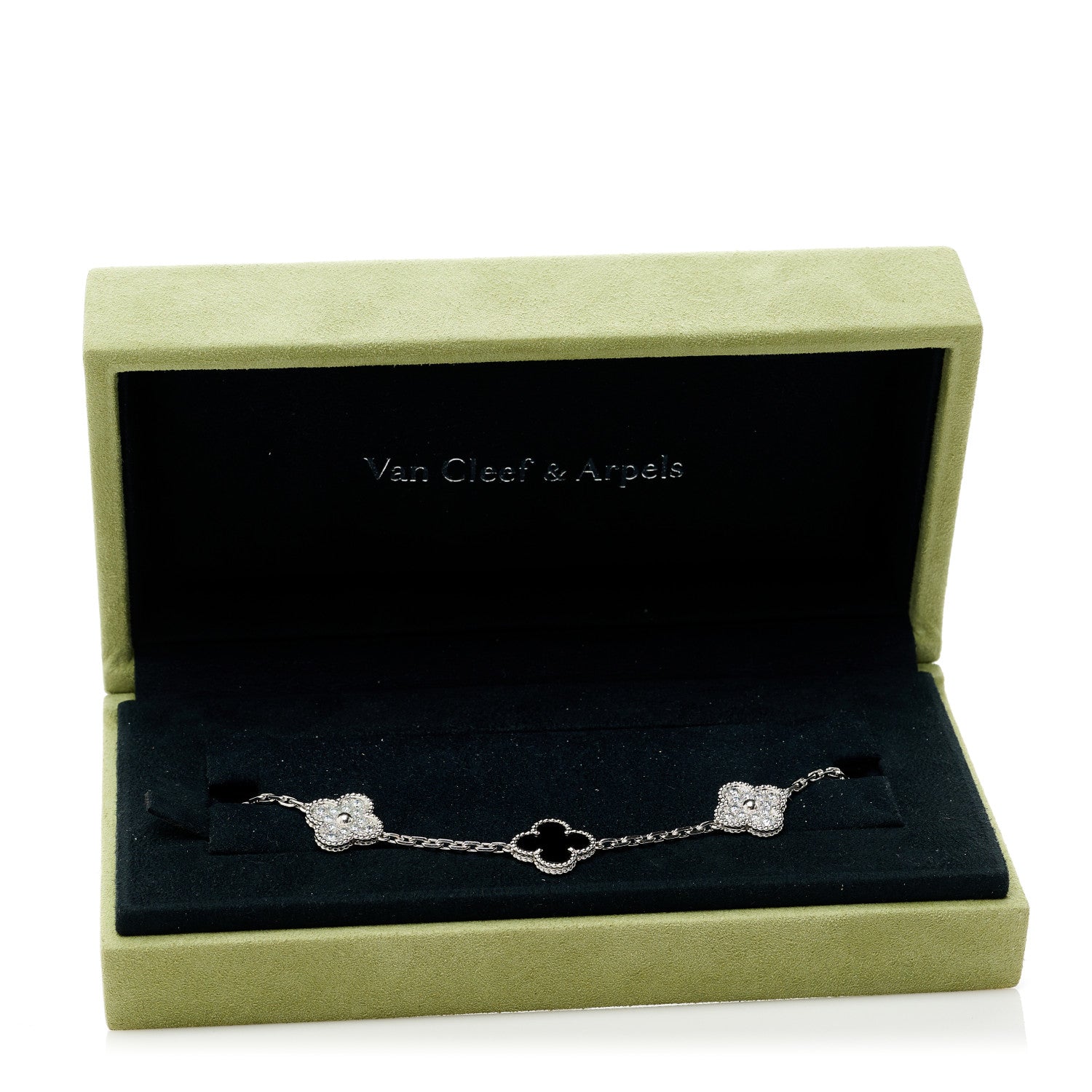 Van Cleef & Arpels 18K White Gold Diamond Black Onyx 5 Motifs Vintage Alhambra Bracelet 5 of 5