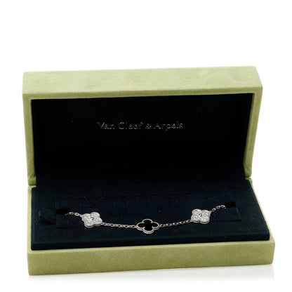 Van Cleef & Arpels 18K White Gold Diamond Black Onyx 5 Motifs Vintage Alhambra Bracelet 5 of 5