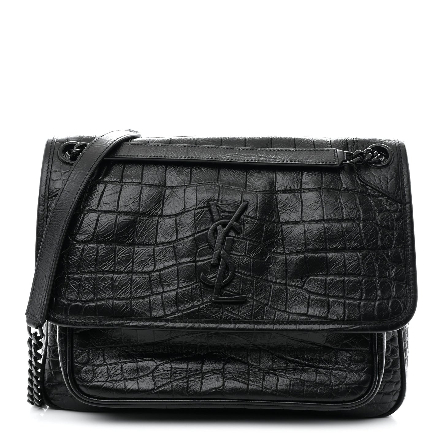 Crocodile Embossed Lambskin Monogram Medium Niki Chain Satchel Black