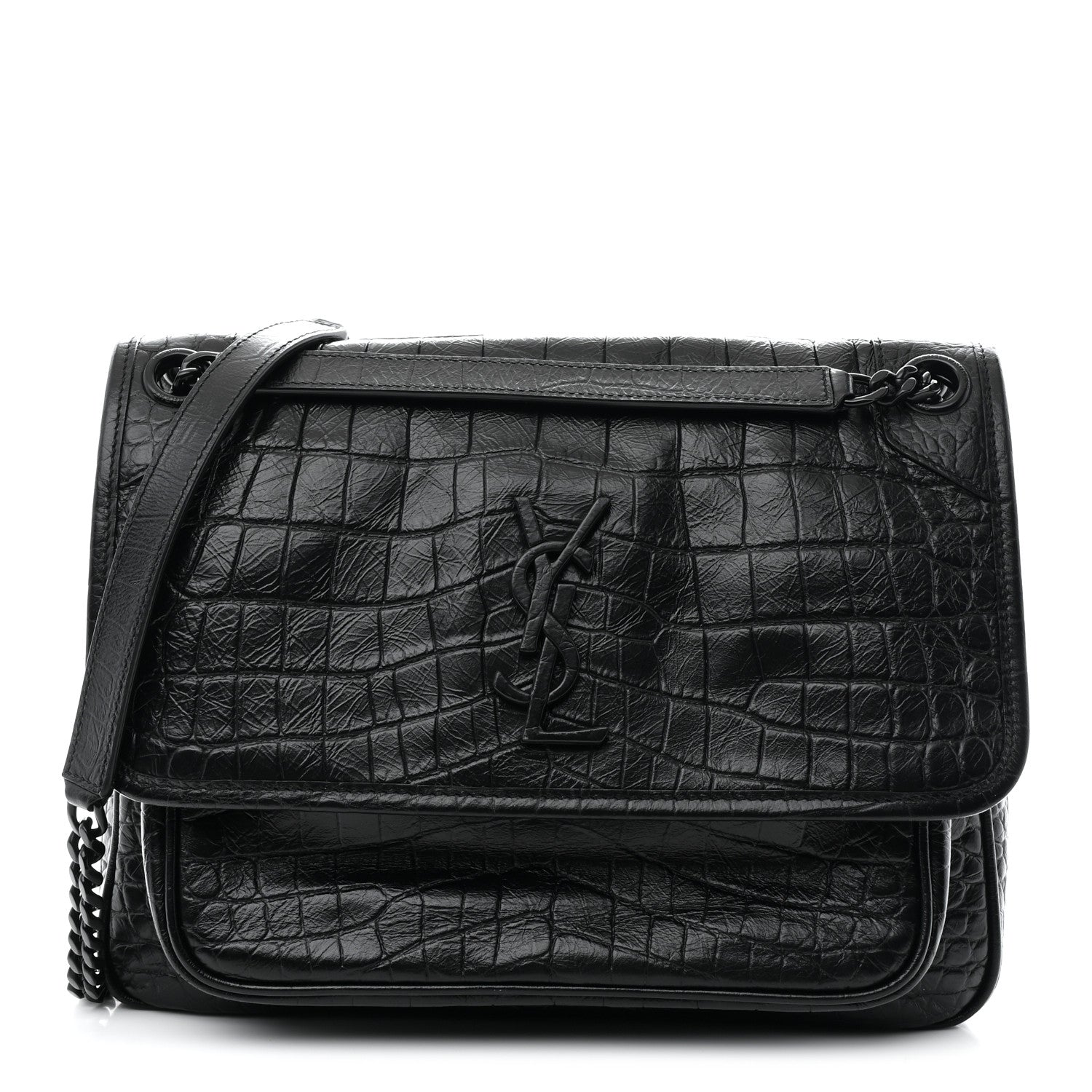 Saint Laurent Crocodile Embossed Lambskin Monogram Medium Niki Chain Satchel Black 1 of 10