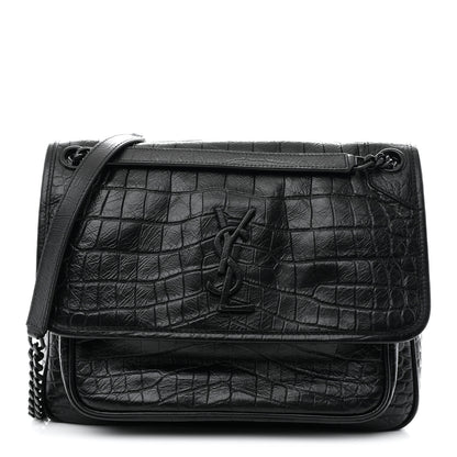 Saint Laurent Crocodile Embossed Lambskin Monogram Medium Niki Chain Satchel Black 1 of 10