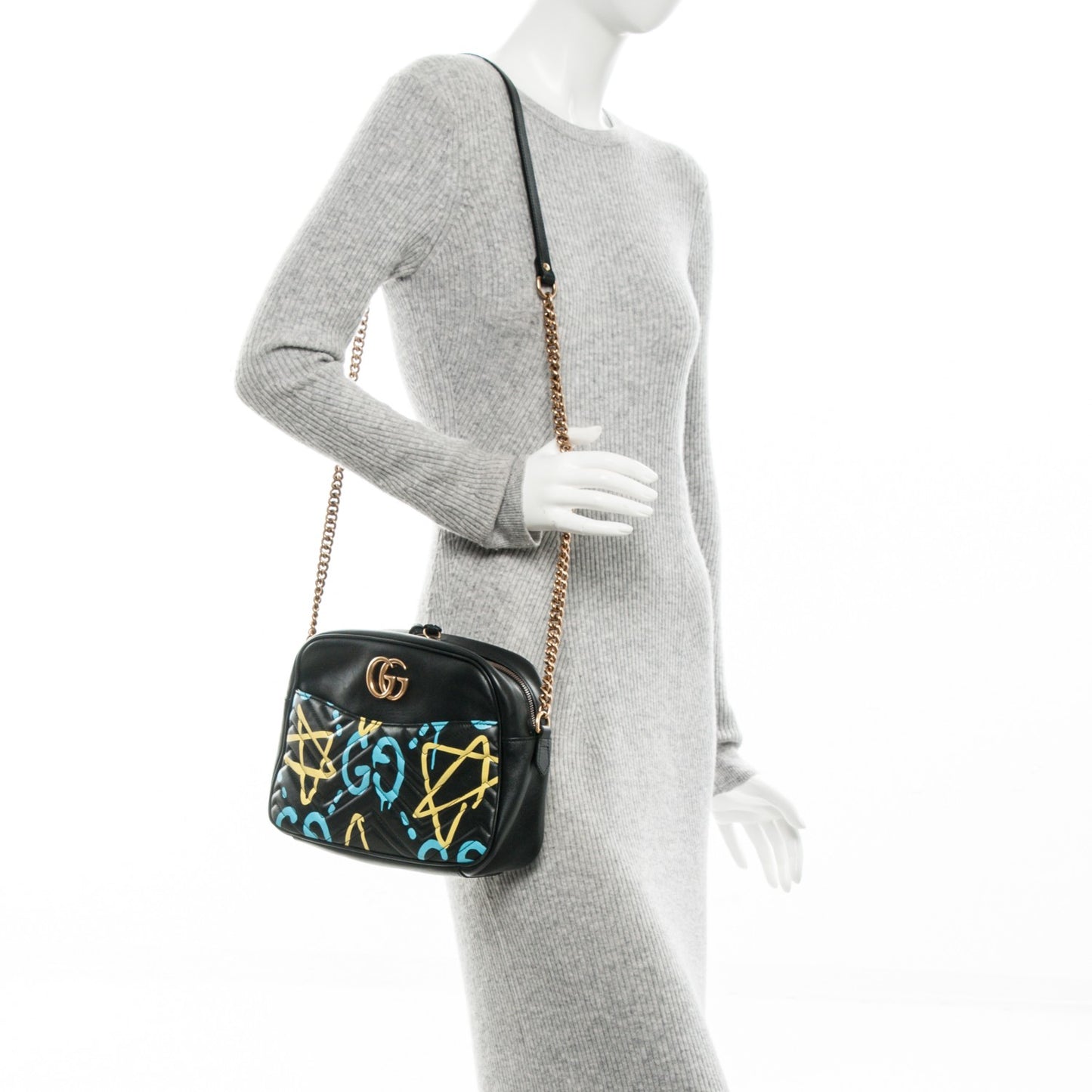 Calfskin Matelasse GucciGhost Medium GG Marmont Chain Shoulder Bag Black New Acquamarine