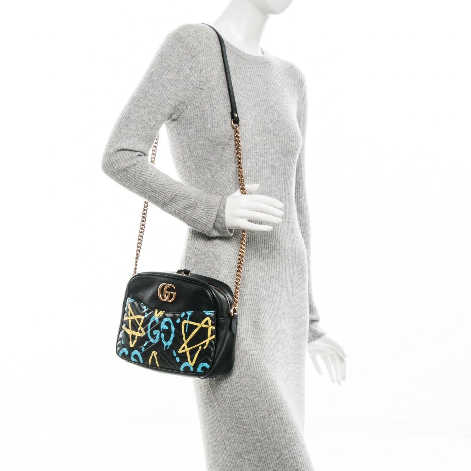Gucci Calfskin Matelasse GucciGhost Medium GG Marmont Chain Shoulder Bag Black New Acquamarine 2 of 7
