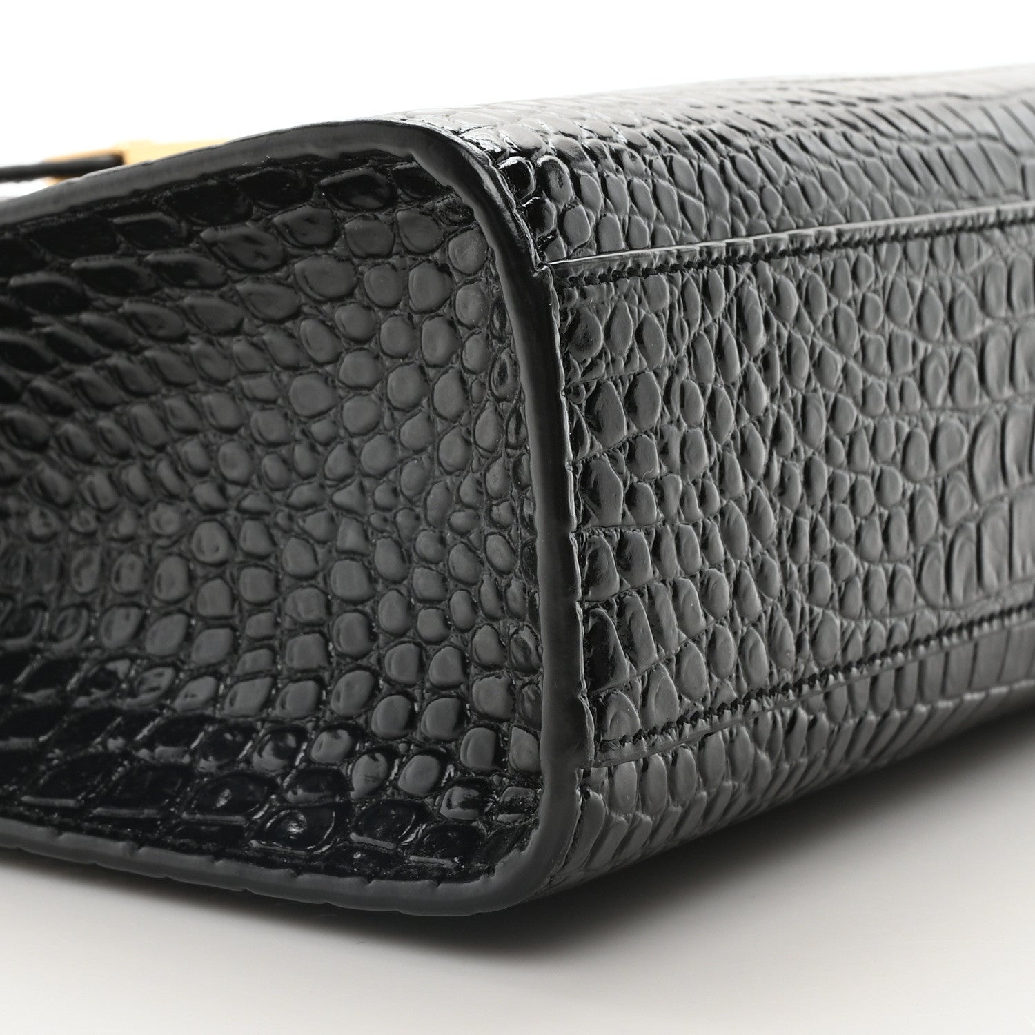 Saint Laurent Shiny Calfskin Crocodile Embossed Manhattan Baguette Black 9 of 10