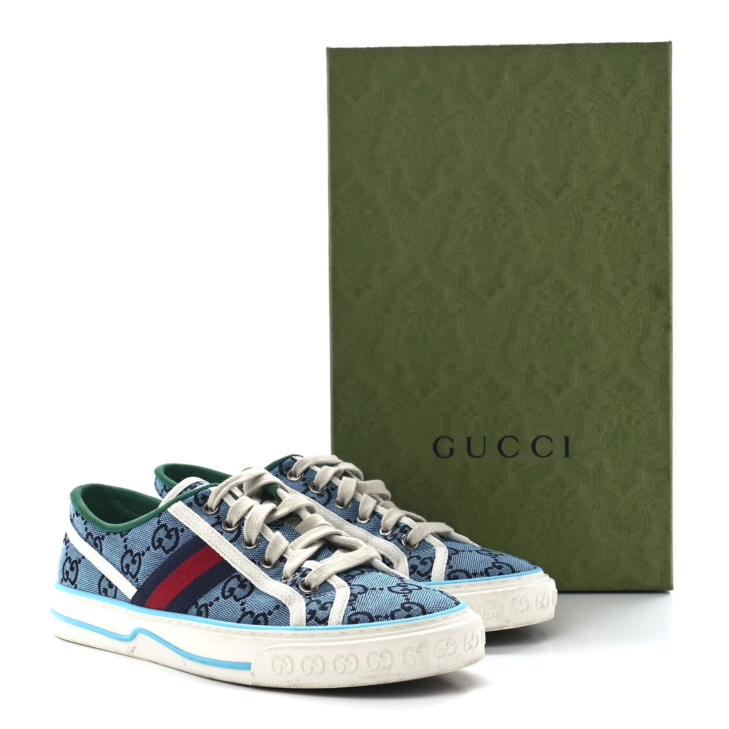 GG Monogram Multicolor Web Womens 1977 Tennis Sneakers 37.5 Light Blue Mystic White