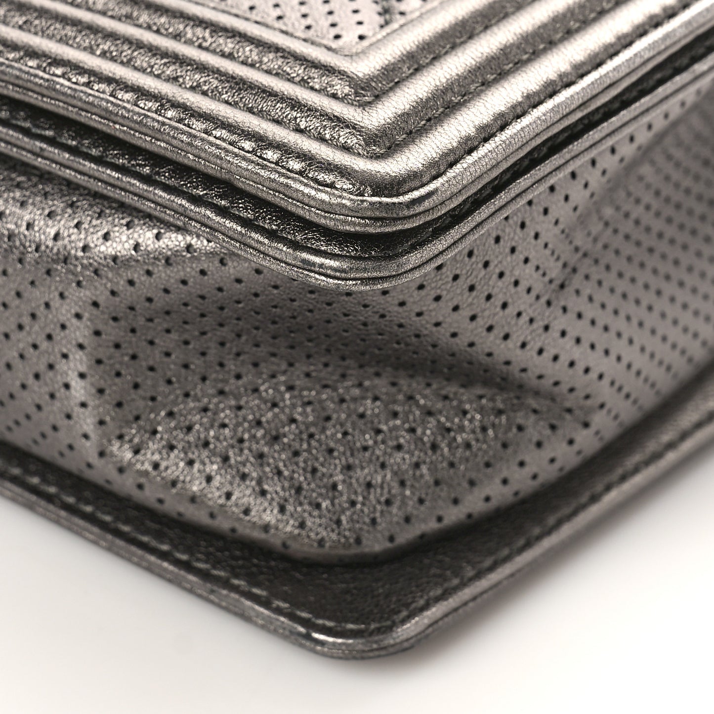 Metallic Lambskin Perforated New Medium Boy Flap Dark Silver