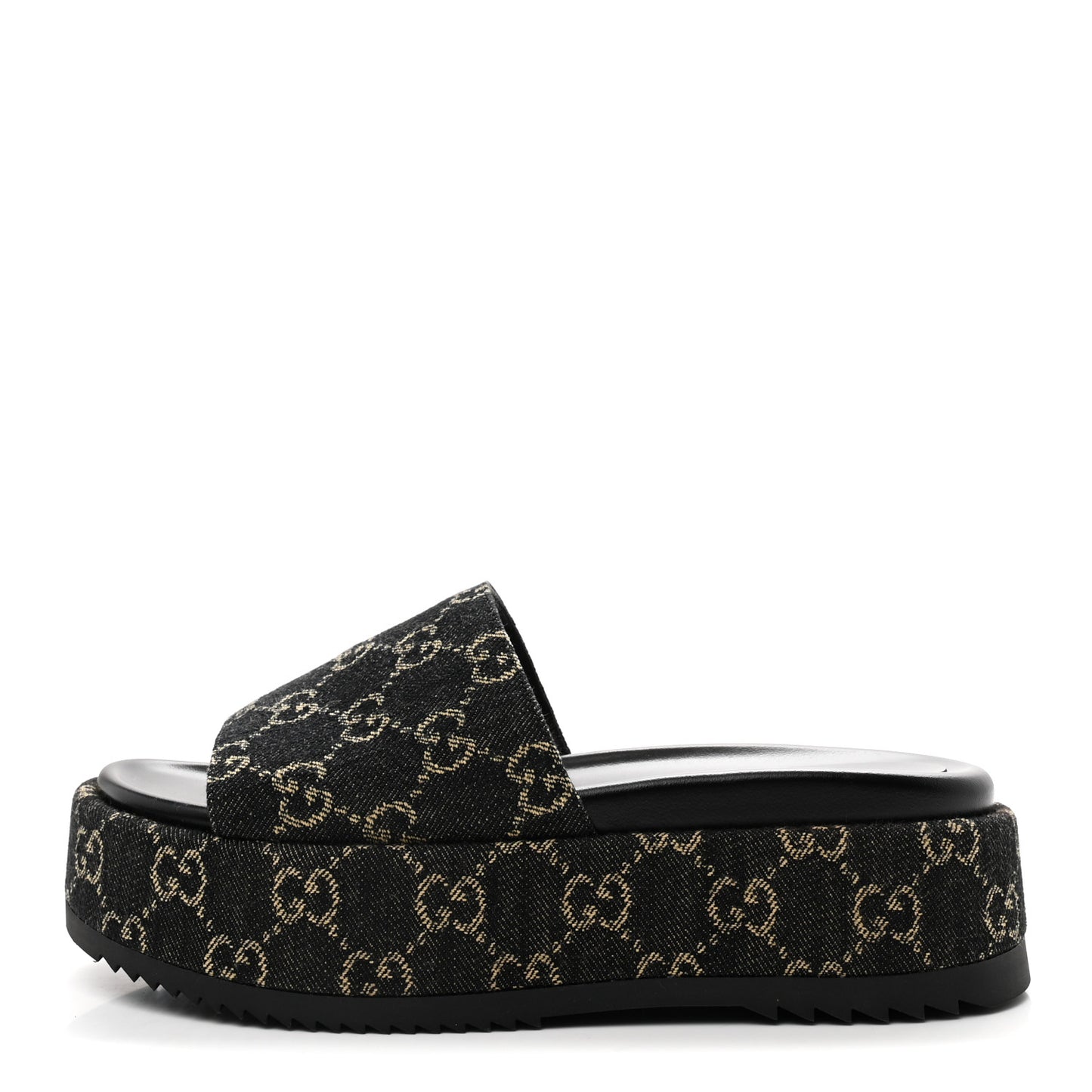 Jacquard Black Denim GG Monogram Angelina Platform 55mm Slide Sandals 38.5 Black Ivory