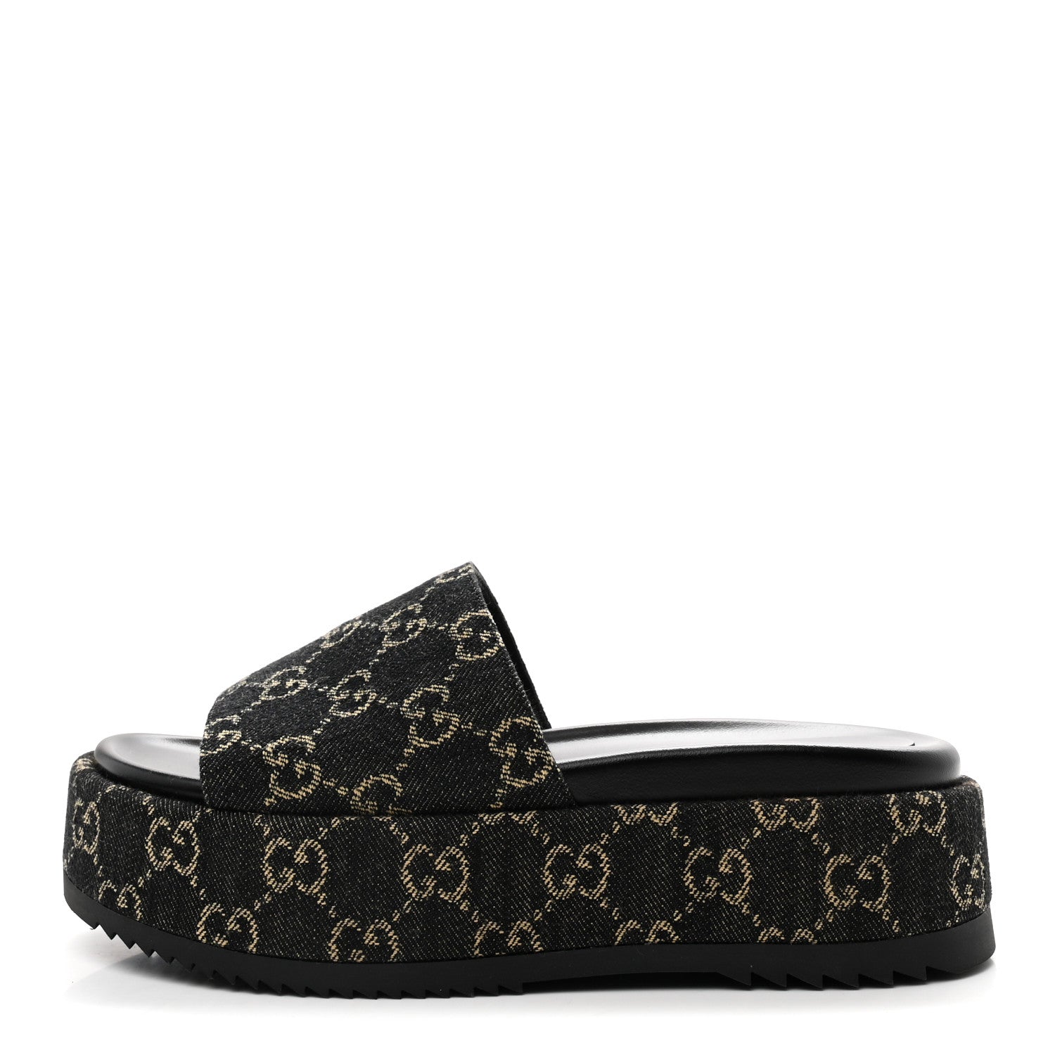 Gucci Jacquard Black Denim GG Monogram Angelina Platform 55mm Slide Sandals 38.5 Black Ivory 1 of 10