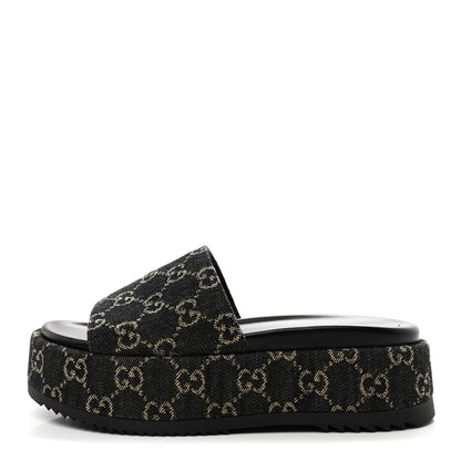 Gucci Jacquard Black Denim GG Monogram Angelina Platform 55mm Slide Sandals 38.5 Black Ivory 1 of 10