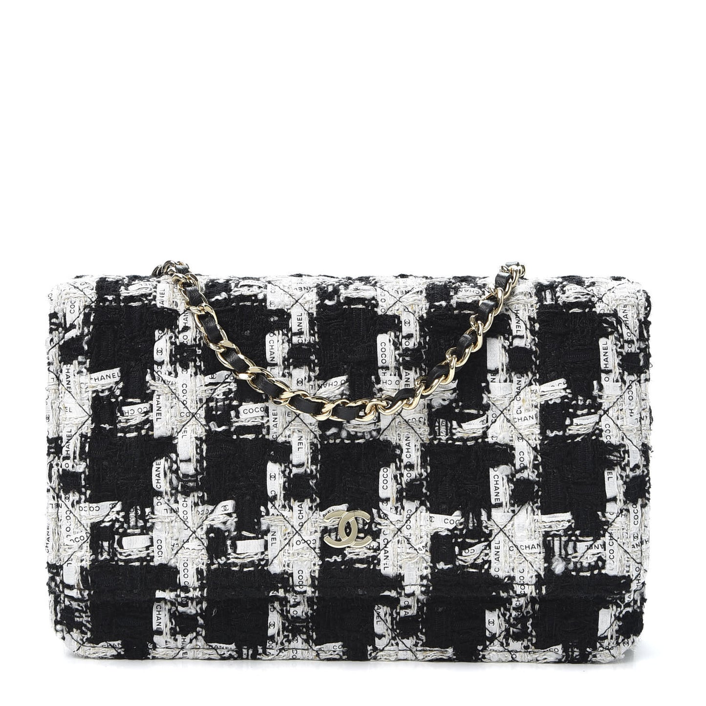 Tweed Quilted Wallet On Chain WOC Black Ecru White
