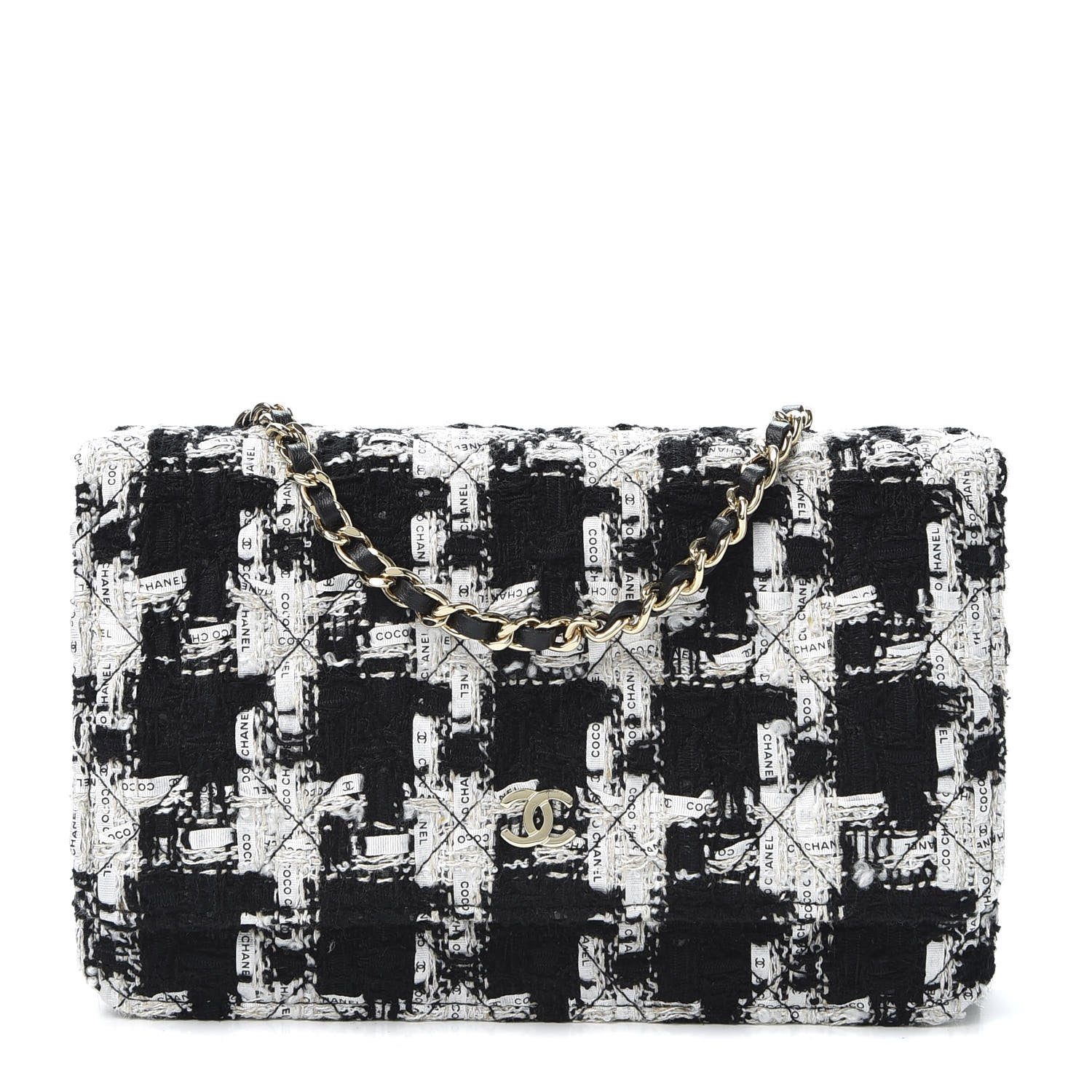 Chanel Tweed Quilted Wallet On Chain WOC Black Ecru White 1 of 10