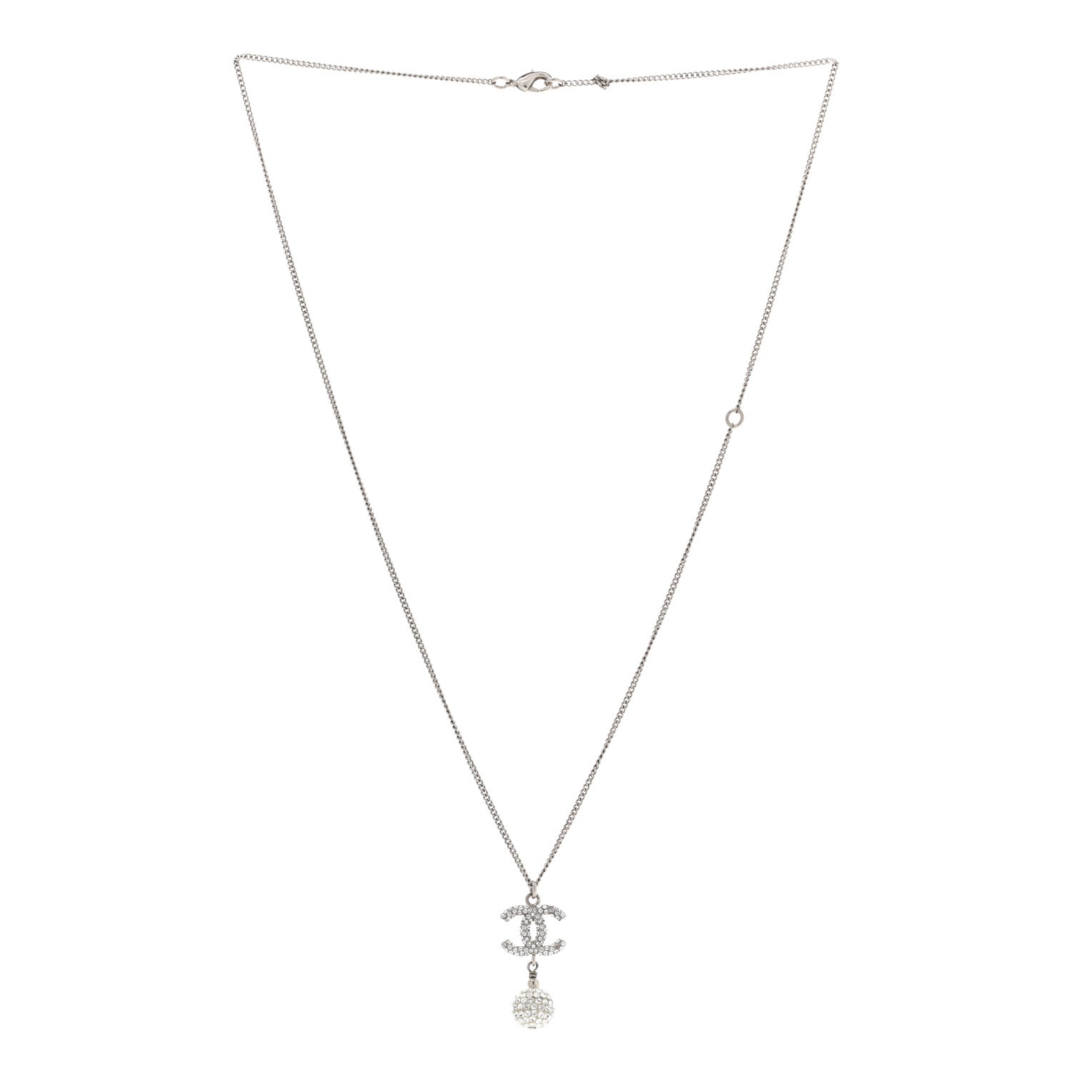 Chanel Crystal CC Ball Pendant Necklace Silver 3 of 9