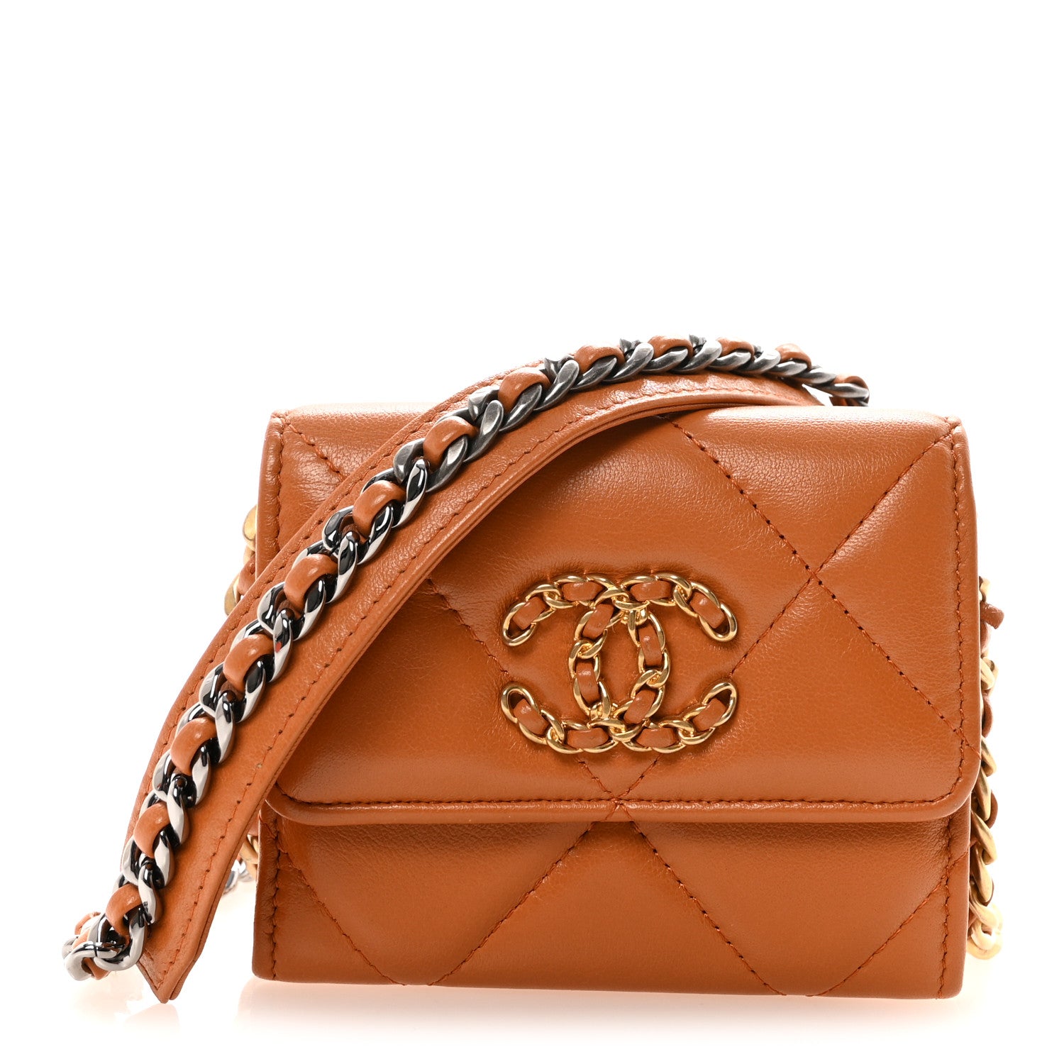 Chanel Lambskin Quilted Chanel 19 Flap Coin Purse With Chain Light Brown 1 of 11