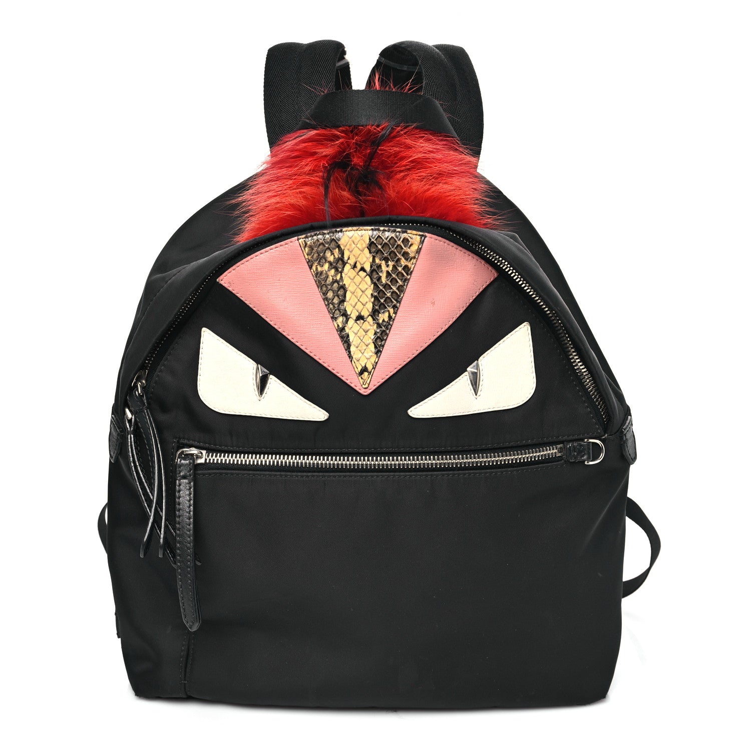 Fendi Nylon Vitello Dolce Elaphe Fox Fur Monster Eyes Backpack Black Natural Bordeaux Multicolor 1 of 10