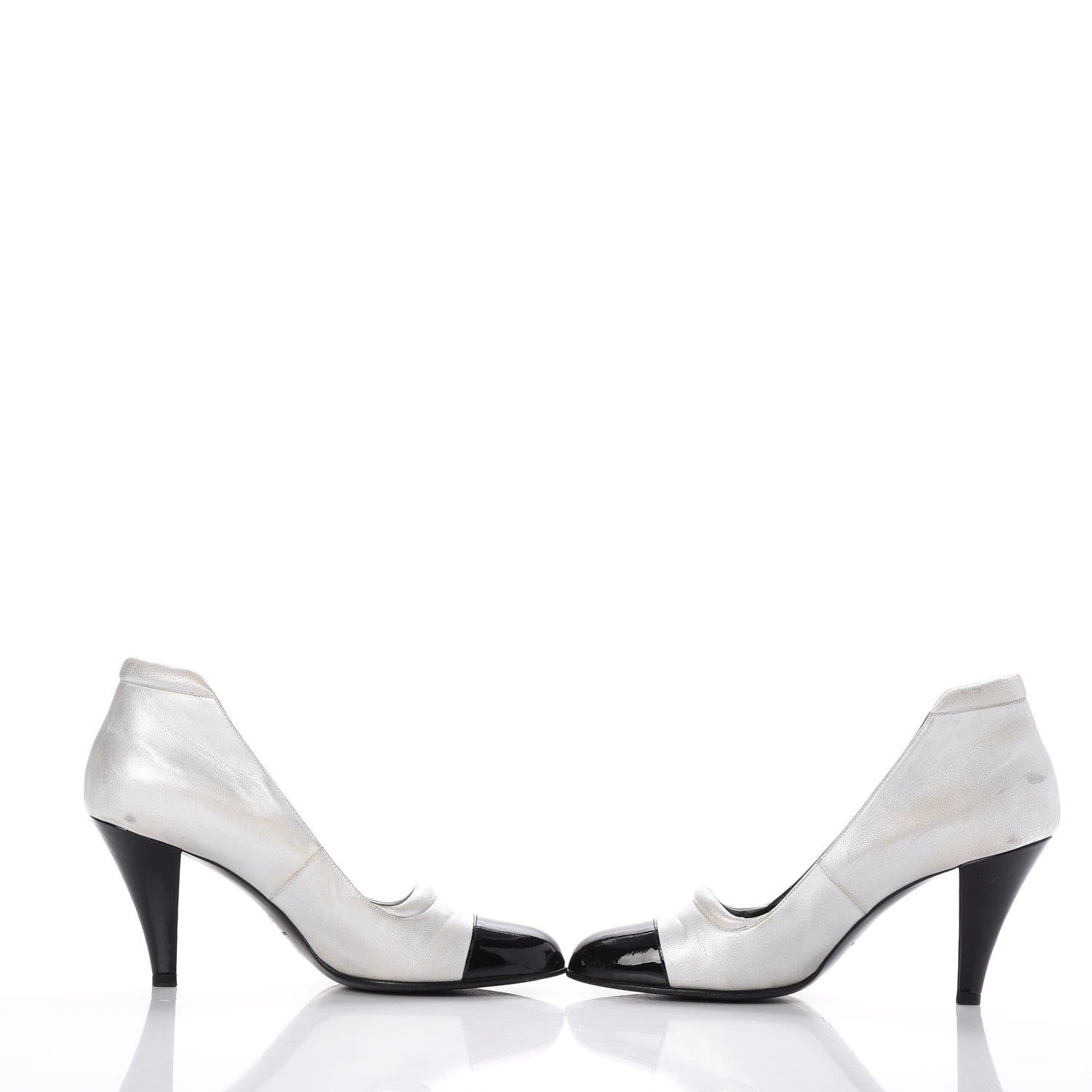 Chanel Metallic Lambskin Patent Cap Toe CC Pumps 39.5 Silver Black 6 of 19