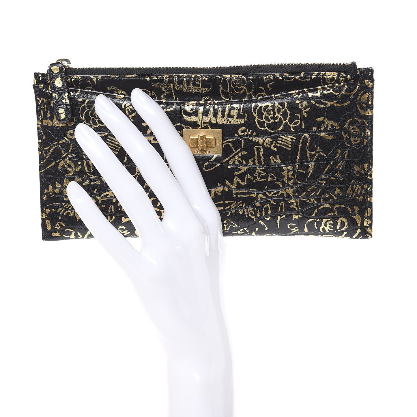 Calfskin Crocodile Embossed Graffiti 2.55 Cocodile Reissue Zip Pouch Black Gold