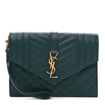 Saint Laurent Grain De Poudre Textured Mixed Matelasse Triquilt Monogram Clutch Sea Turquois 1 of 9