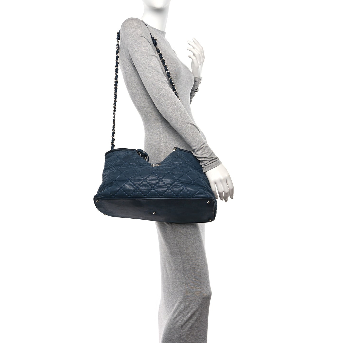 Iridescent Calfskin Quilted Small Sea Hit Tote Navy