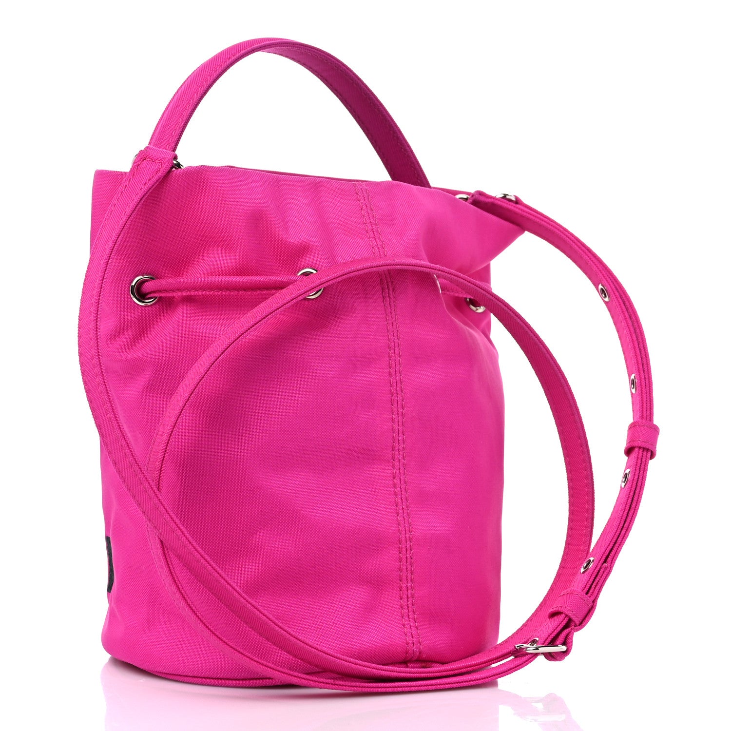 Balenciaga Recycled Sport Nylon Logo Embroidered Wheel Drawstring Bucket Bag XS Fuchsia Black 3 of 9