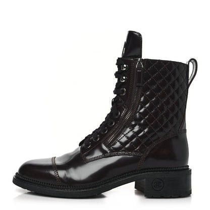 Chanel Shiny Calfskin Quilted CC Lace Up Combat Boots 40 Dark Burgundy 1 of 9