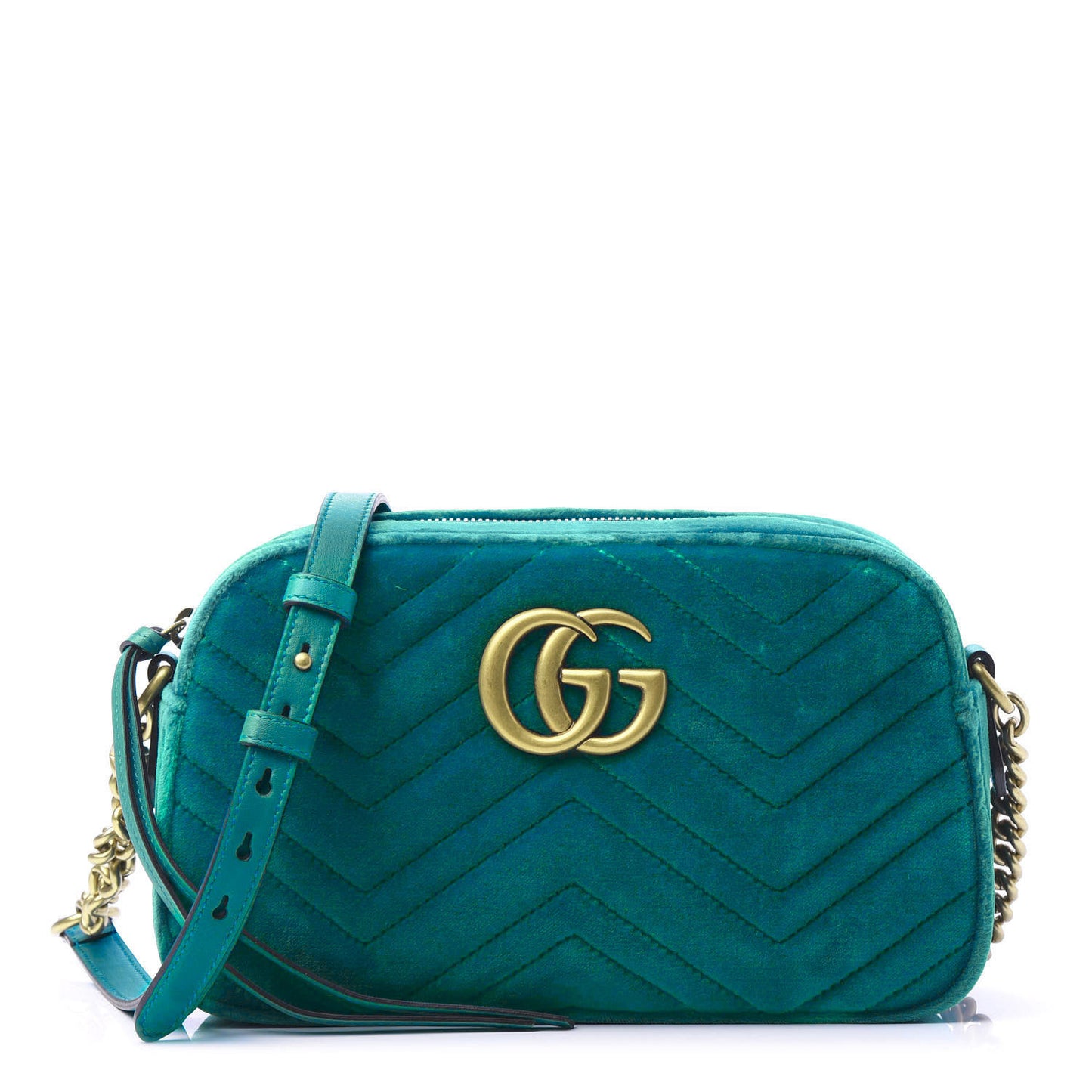 Velvet Matelasse Small GG Marmont Chain Shoulder Bag Pavone Cyan