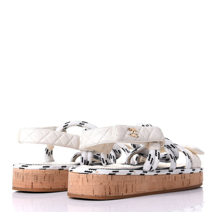 Chanel Cord Lambskin Quilted Logo Sandals 38 White Black 7 of 19