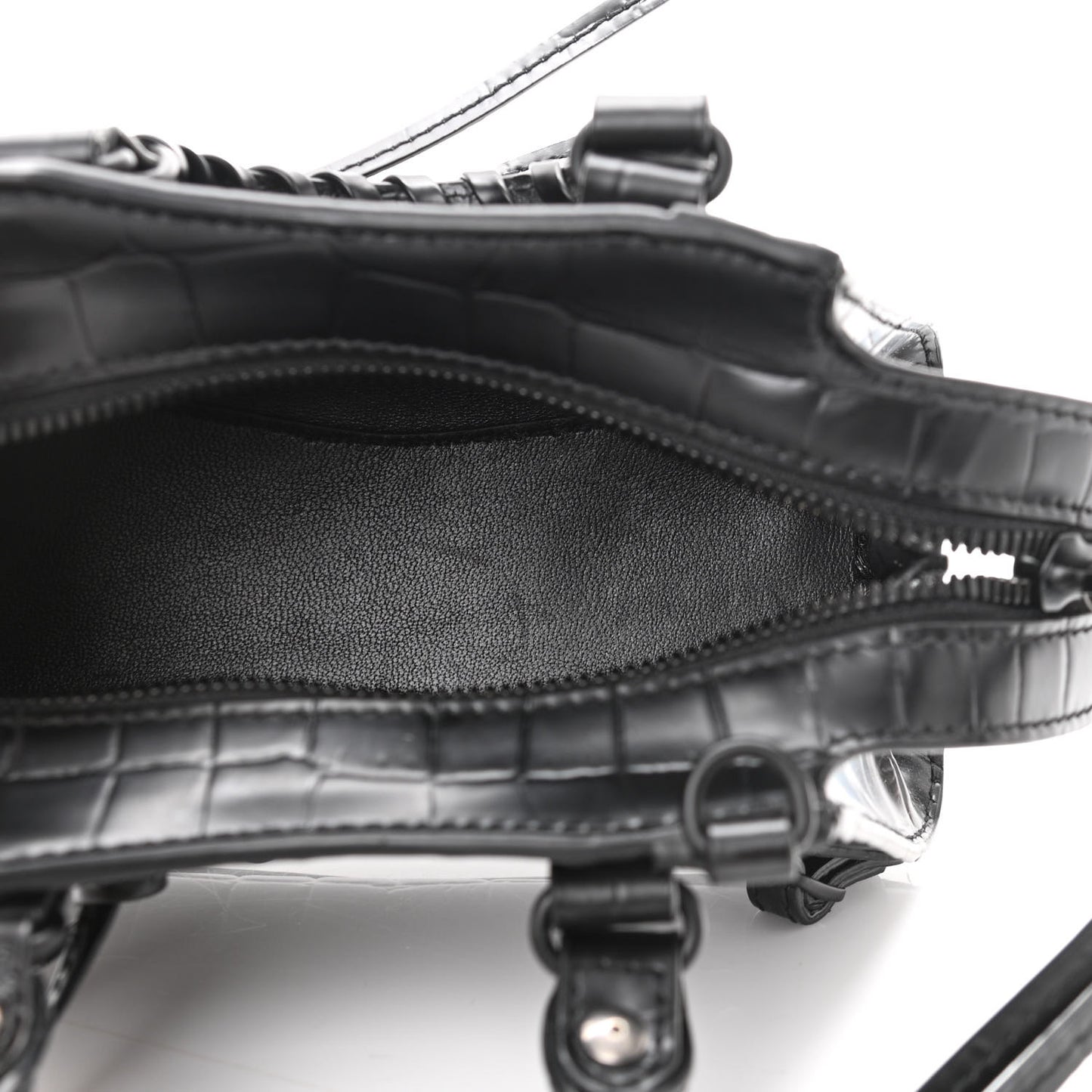 Semi Shiny Calfskin Crocodile Embossed Neo Classic Black Hardware Nano City Crossbody Black