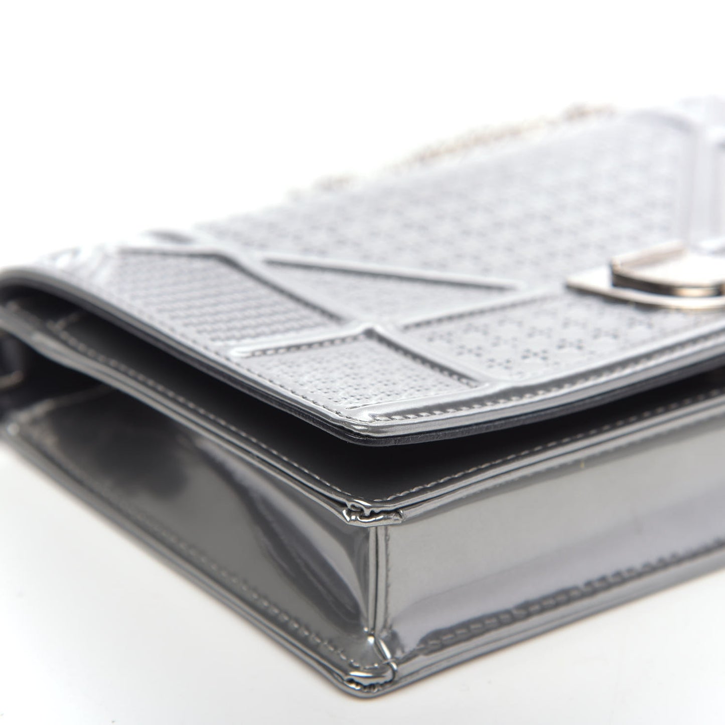Metallic Patent Micro-Cannage Diorama Wallet on Chain Pouch Silver