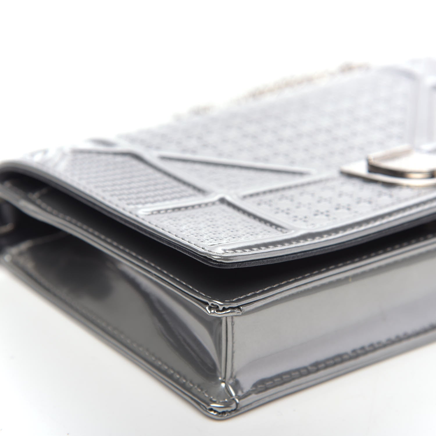 Christian Dior Metallic Patent Micro-Cannage Diorama Wallet on Chain Pouch Silver 7 of 10