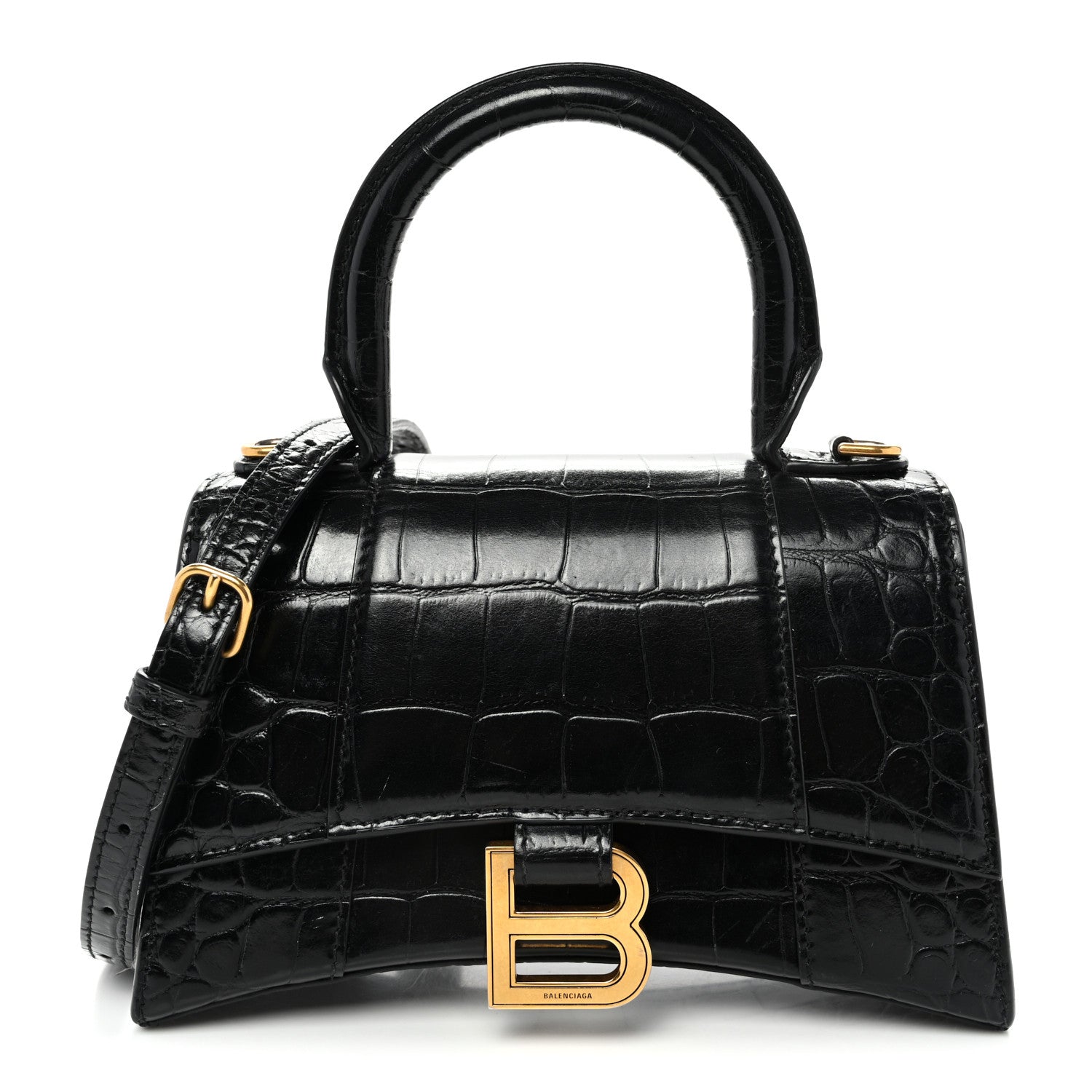 Balenciaga Shiny Calfskin Crocodile Embossed Hourglass Top Handle Bag XS Black 1 of 11