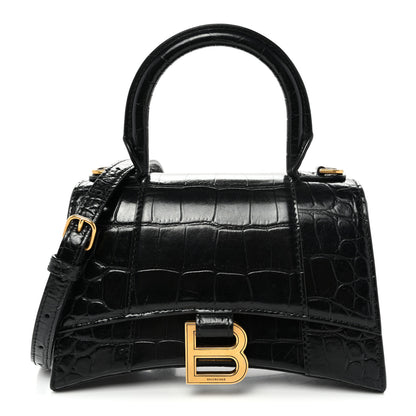Balenciaga Shiny Calfskin Crocodile Embossed Hourglass Top Handle Bag XS Black 1 of 11