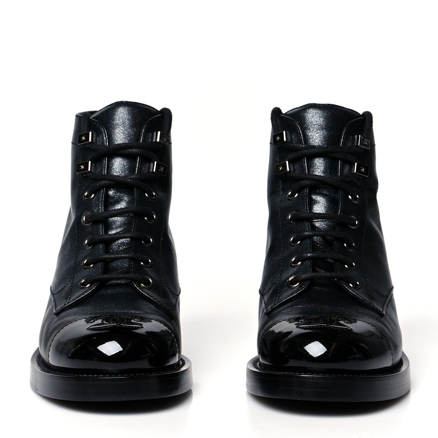 Iridescent Calfskin Patent Cap Toe Combat Boots 36 Black