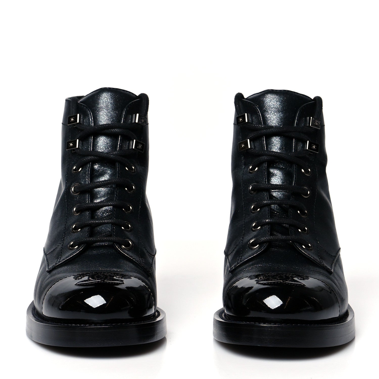 Chanel Iridescent Calfskin Patent Cap Toe Combat Boots 36 Black 2 of 6