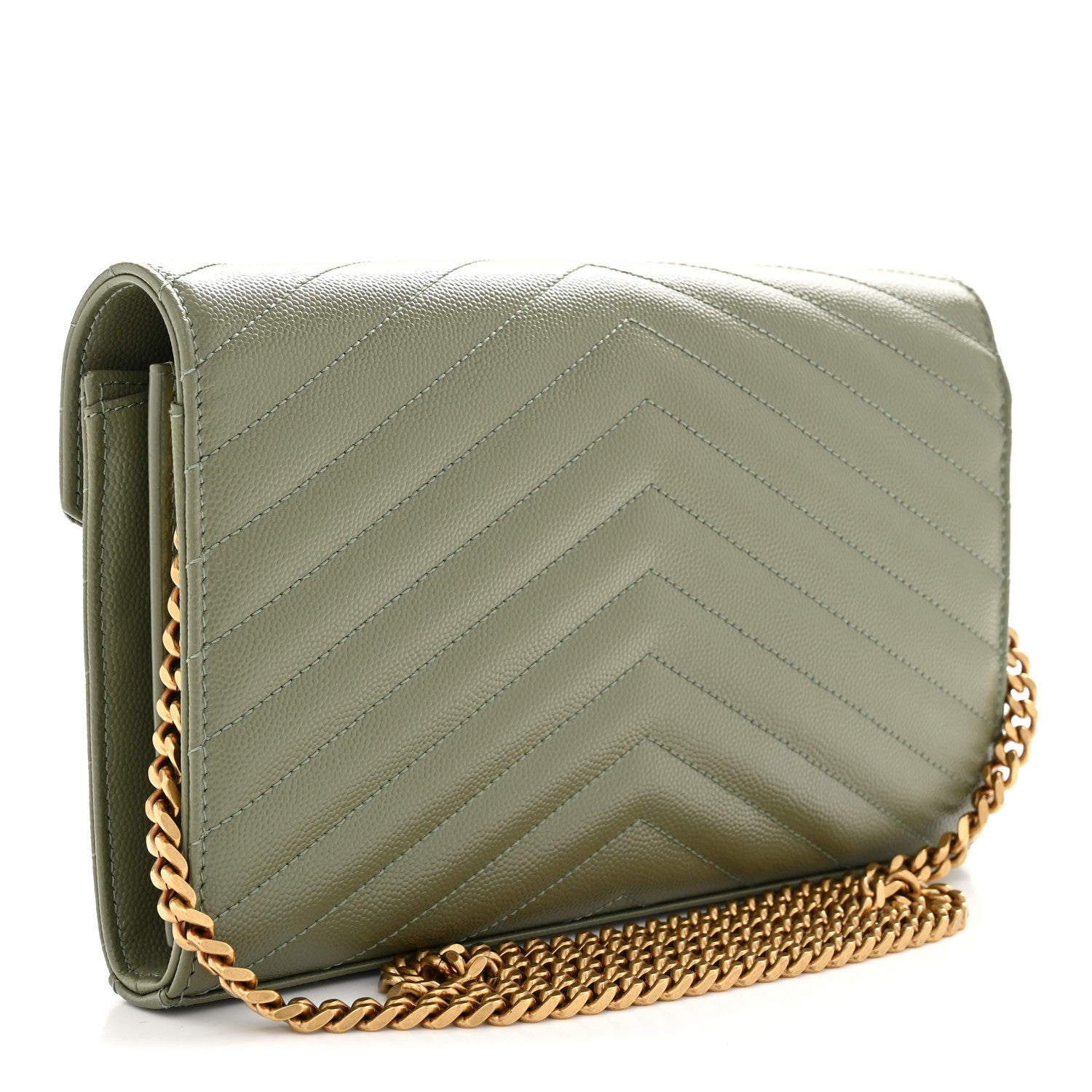 Saint Laurent Grain De Poudre Matelasse Chevron Monogram Chain Wallet Light Sage 3 of 10