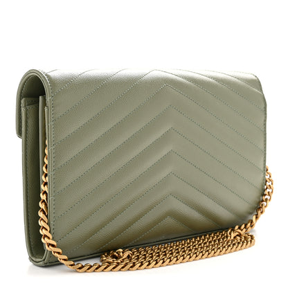Saint Laurent Grain De Poudre Matelasse Chevron Monogram Chain Wallet Light Sage 3 of 10
