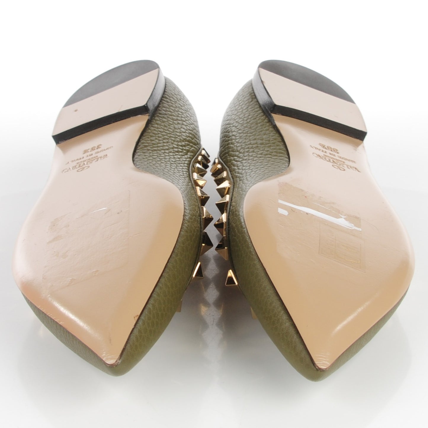 Pebbled Calfskin Rockstud Ballerina Flats 35.5 Army Green