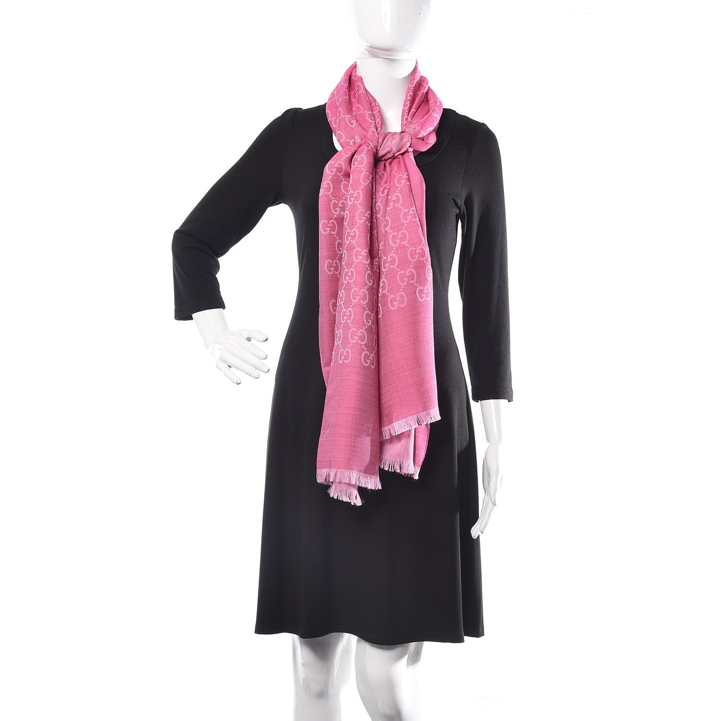 Wool Silk Monogram Fringe Scarf Pink