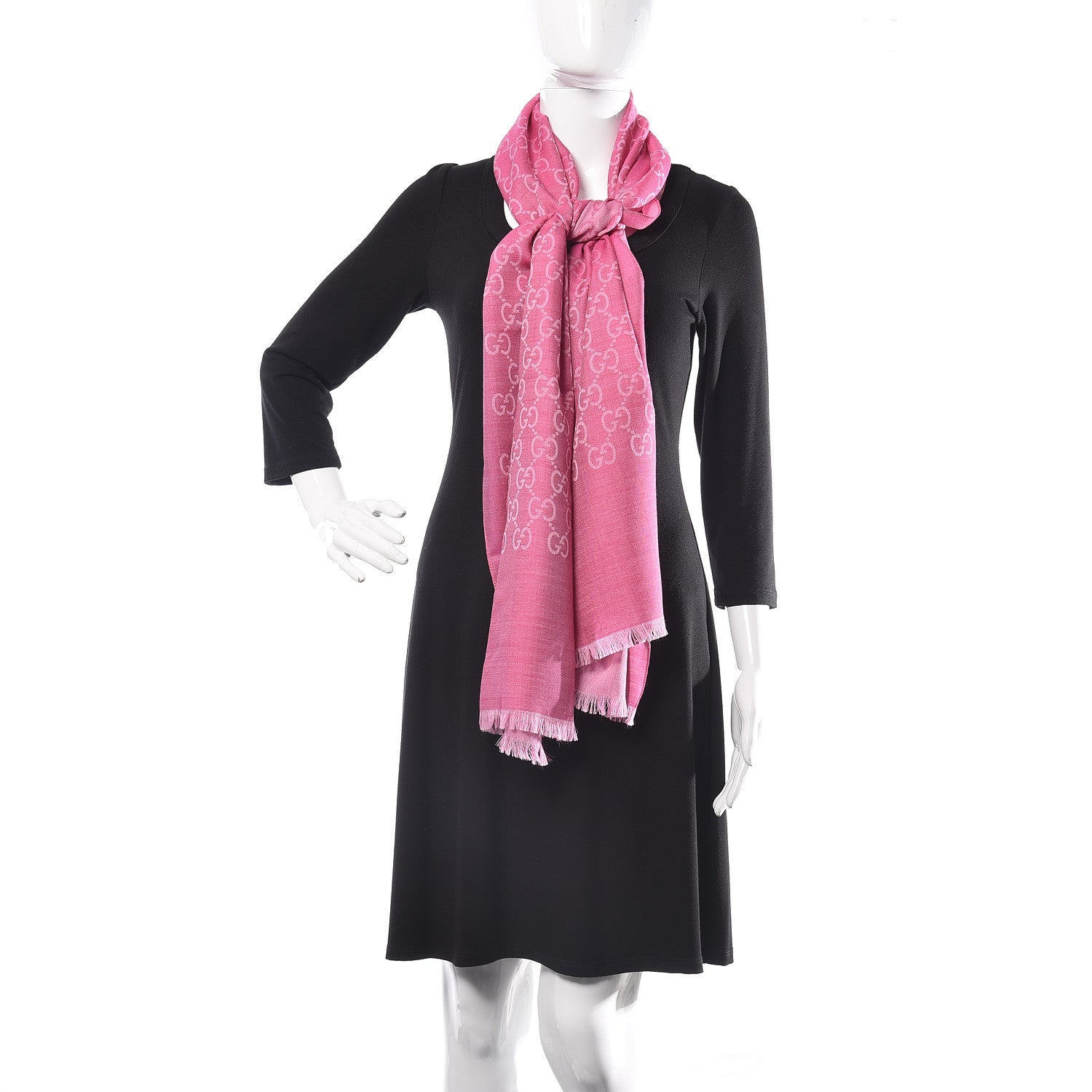 Gucci Wool Silk Monogram Fringe Scarf Pink 2 of 7