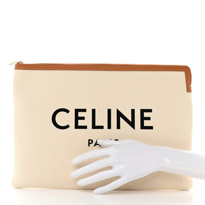 Celine Cotton Canvas Calfskin Logo Large Pouch Natural 2 of 6