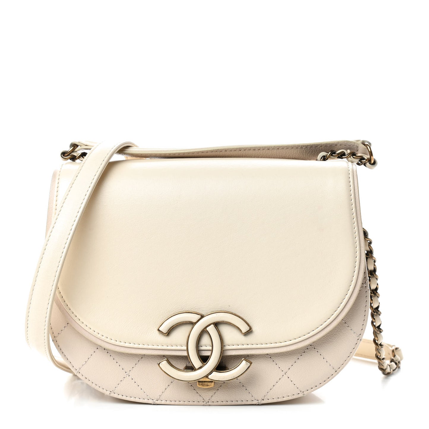 Shiny Calfskin Goatskin Quilted Small Coco Curve Messenger Flap White
