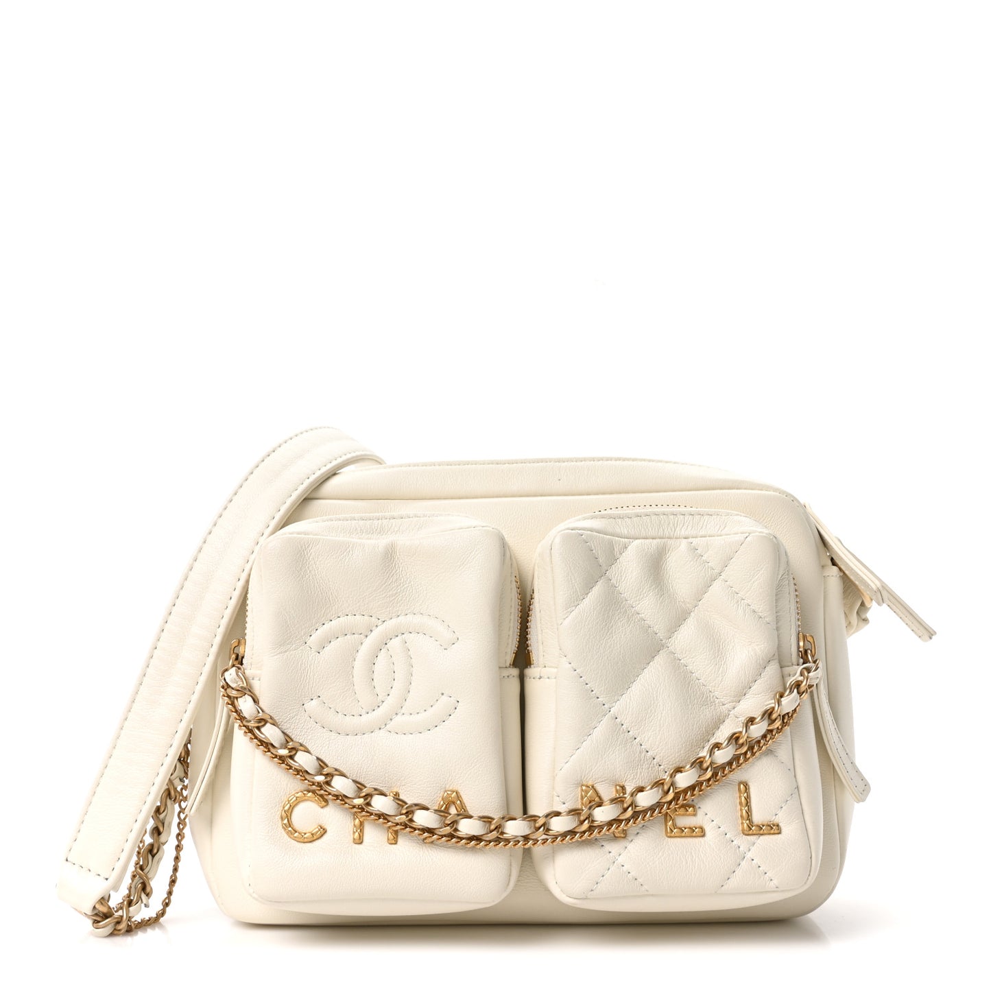 Calfskin Quilted Small Camera Case White